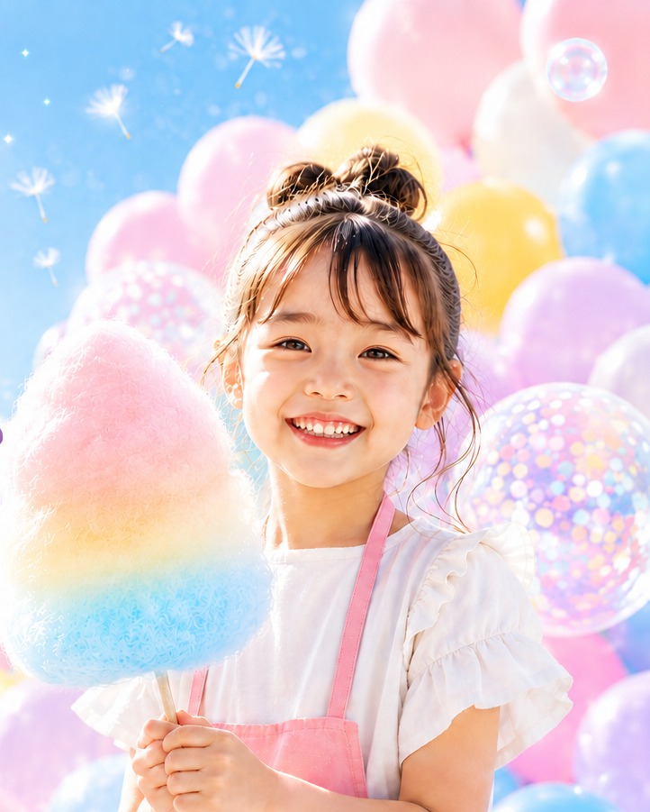 虹色わたあめを持つ女の子とパステルカラーのバルーン